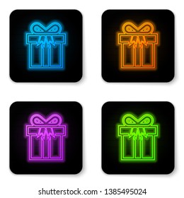 Glowing neon Gift box icon isolated on white background. Black square button. Vector Illustration