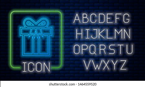 Glowing neon Gift box icon isolated on brick wall background. Neon light alphabet. Vector Illustration