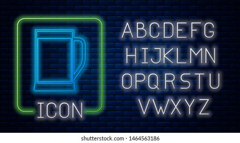 Glowing neon Glass of beer icon isolated on brick wall background. Neon light alphabet. Vector Illustration