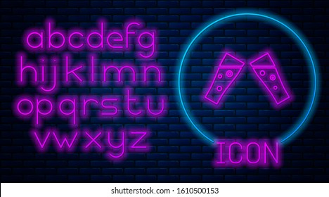 Glowing neon Glass of beer icon isolated on brick wall background. Neon light alphabet. Vector Illustration