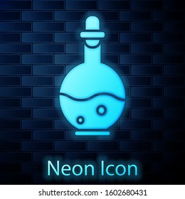 Glowing neon Glass bottle with magic elixir icon isolated on brick wall background. Computer game asset.  Vector Illustration