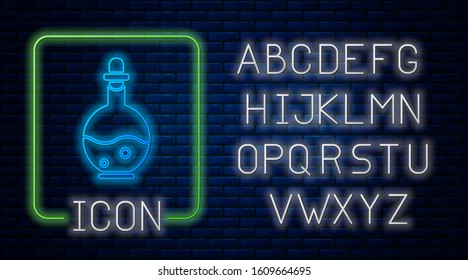 Glowing neon Glass bottle with magic elixir icon isolated on brick wall background. Computer game asset. Neon light alphabet. Vector Illustration