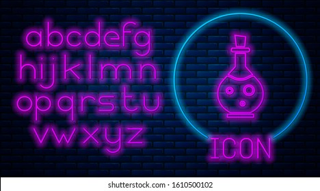 Glowing neon Glass bottle with magic elixir icon isolated on brick wall background. Computer game asset. Neon light alphabet. Vector Illustration