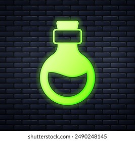 Glowing neon Glass bottle with magic elixir icon isolated on brick wall background. Computer game asset.  Vector