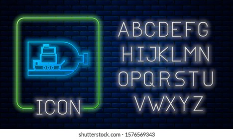 Glowing neon Glass bottle with ship inside icon isolated on brick wall background. Miniature model of marine vessel. Hobby and sea theme. Neon light alphabet. Vector Illustration
