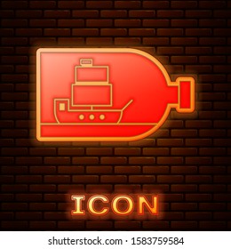Glowing neon Glass bottle with ship inside icon isolated on brick wall background. Miniature model of marine vessel. Hobby and sea theme.  Vector Illustration