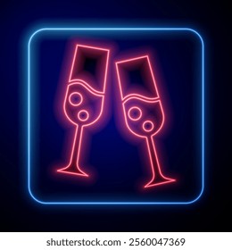 Glowing neon Glass of champagne icon isolated on blue background. Merry Christmas and Happy New Year.  Vector