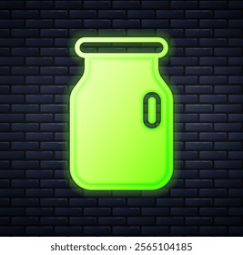 Glowing neon Glass jar with screw-cap icon isolated on brick wall background.  Vector