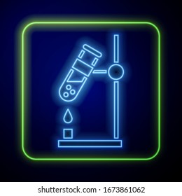 Glowing neon Glass test tube flask on fire heater experiment icon isolated on blue background. Laboratory equipment.  Vector Illustration