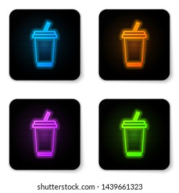 Glowing neon Glass with water icon isolated on white background. Soda drink glass with drinking straw. Fresh cold beverage symbol. Black square button. Vector Illustration