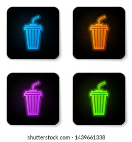 Glowing neon Glass with water icon isolated on white background. Soda drink glass with drinking straw. Fresh cold beverage symbol. Black square button. Vector Illustration