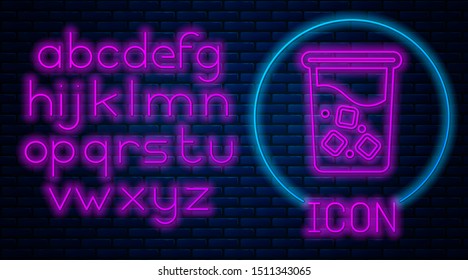Glowing neon Glass with water icon isolated on brick wall background. Soda drink glass. Fresh cold beverage symbol. Neon light alphabet. Vector Illustration