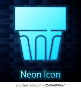 Glowing neon Glass with water icon isolated on brick wall background. Soda drink glass. Fresh cold beverage symbol.  Vector