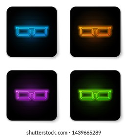 Glowing neon Glasses icon isolated on white background. Eyeglass frame symbol. Black square button. Vector Illustration