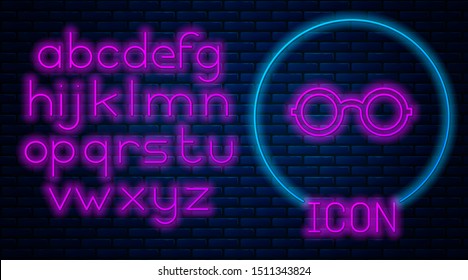 Glowing neon Glasses icon isolated on brick wall background. Eyeglass frame symbol. Neon light alphabet. Vector Illustration