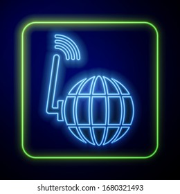 Glowing neon Global technology or social network icon isolated on blue background.  Vector Illustration