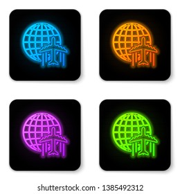 Glowing neon Globe with flying plane icon isolated on white background. Airplane fly around the planet earth. Aircraft world icon. Black square button. Vector Illustration