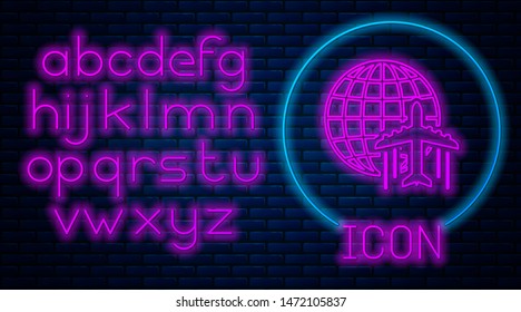 Glowing neon Globe with flying plane icon isolated on brick wall background. Airplane fly around the planet earth. Aircraft world icon. Neon light alphabet. Vector Illustration