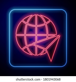 Glowing neon Globe with flying plane icon isolated on blue background. Airplane fly around the planet earth. Aircraft world icon.  Vector Illustration