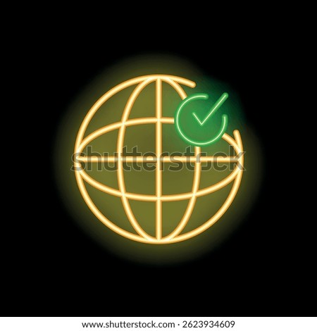 Glowing neon globe with green check mark symbolizing global success, approval or completion