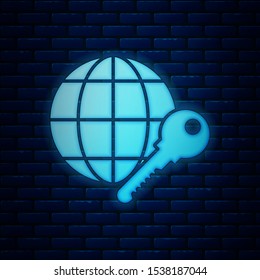 Glowing neon Globe key icon isolated on brick wall background.  Vector Illustration