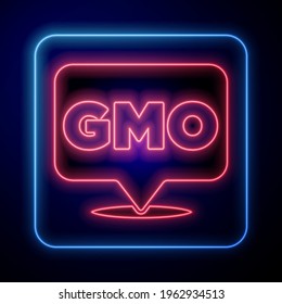 Glowing neon GMO icon isolated on blue background. Genetically modified organism acronym. Dna food modification.  Vector
