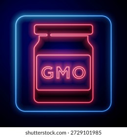 Glowing neon GMO icon isolated on blue background. Genetically modified organism acronym. Dna food modification.  Vector