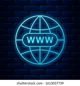 Glowing neon Go To Web icon isolated on brick wall background. Www icon. Website pictogram. World wide web symbol. Internet symbol for your web site design, app, UI.  Vector Illustration