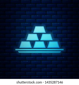 Glowing neon Gold bars icon isolated on brick wall background. Banking business concept.  Vector Illustration