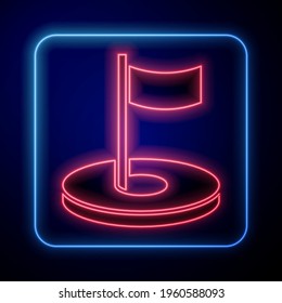 Glowing neon Golf hole with flag icon isolated on black background.  Vector
