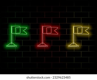 Glowing neon golf hole with flag icon isolated on black background. Vector. neon style. many colors.