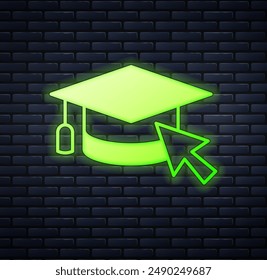 Glowing neon Graduation cap with cursor icon isolated on brick wall background. World education symbol. Online learning or e-learning concept.  Vector