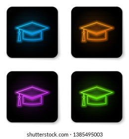 Glowing neon Graduation cap icon isolated on white background. Graduation hat with tassel icon. Black square button. Vector Illustration