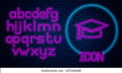 Glowing neon Graduation cap icon isolated on brick wall background. Graduation hat with tassel icon. Neon light alphabet. Vector Illustration