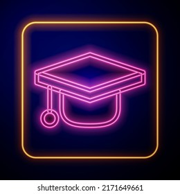 Glowing neon Graduation cap icon isolated on black background. Graduation hat with tassel icon.  Vector