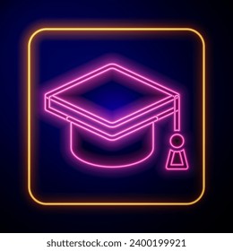 Glowing neon Graduation cap icon isolated on black background. Graduation hat with tassel icon.  Vector