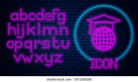 Glowing neon Graduation cap on globe icon isolated on brick wall background. World education symbol. Online learning or e-learning concept. Neon light alphabet. Vector Illustration