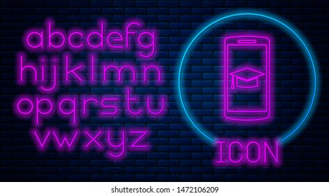 Glowing neon Graduation cap on screen smartphone icon isolated on brick wall background. Online learning or e-learning concept. Neon light alphabet. Vector Illustration