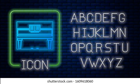 Glowing neon Grand piano icon isolated on brick wall background. Musical instrument. Neon light alphabet. Vector Illustration