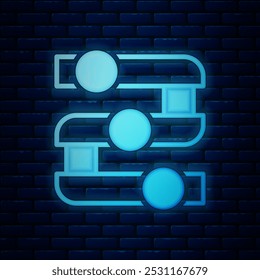 Glowing neon Graph, schedule, chart, diagram, infographic, pie graph icon isolated on brick wall background.  Vector