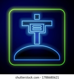 Glowing neon Grave with cross icon isolated on blue background.  Vector