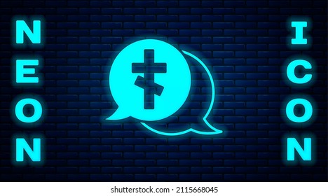 Glowing neon Grave with cross icon isolated on brick wall background.  Vector