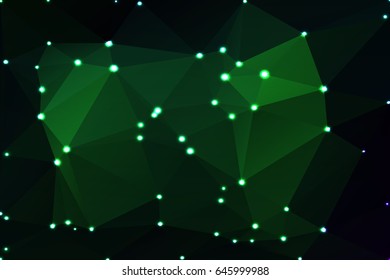 Glowing neon green abstract low poly geometric background with defocused lights
