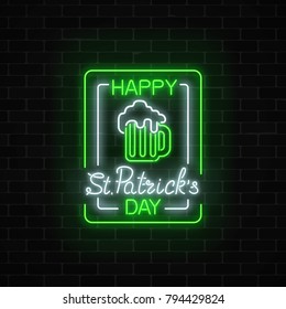 Glowing neon green beer pub with celebrating saint patrick day signboard in rectangle frames on dark brick wall background. Luminous advertising sign of night club with bar. Vector illustration.