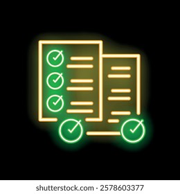 Glowing neon green check marks are validating items on a yellow clipboard checklist on a dark background