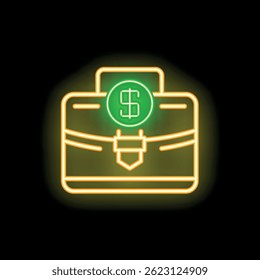 Glowing neon green dollar sign on a briefcase is depicted on a black background, suggesting profitable business ventures and financial success