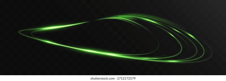 Ondas brillantes de luz verde neón con suaves rayas de energía y efecto de movimiento luminoso sobre fondo transparente oscuro, ilustración EPS de Vector.