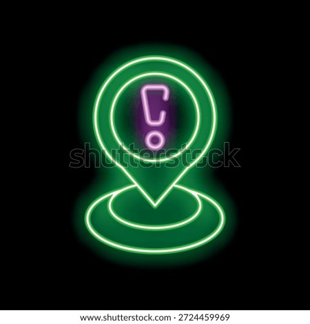Glowing neon green map pin icon with an exclamation mark pointing at location on black background