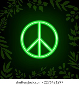 Glowing neon green pacific, peace emblem on black background with green shine, with frame of leaves, twigs, herbs. Moonlit summer night. Eco botanical style, fantasy design element for prints