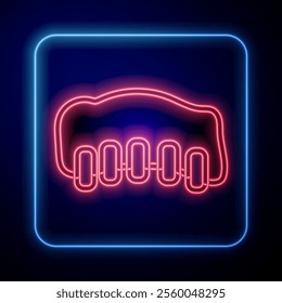 Glowing neon Grilled pork bbq ribs icon isolated on blue background.  Vector